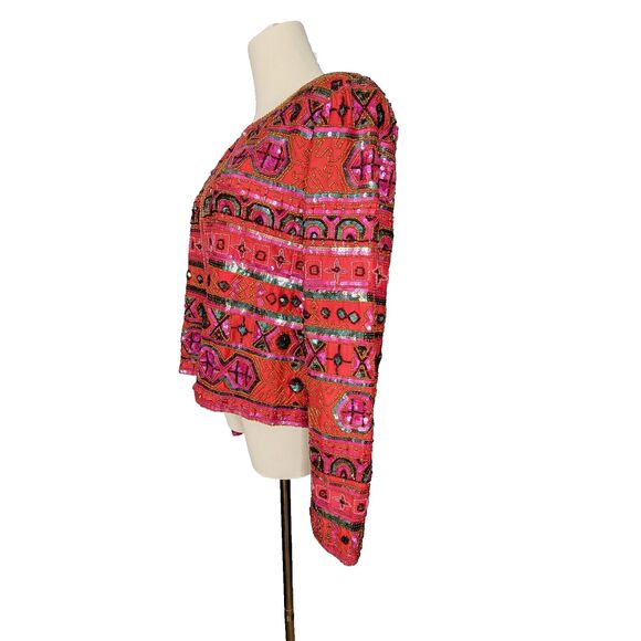 Vintage Nipon Night Jacket Sz M Red Black Sequin Silk Lined Beaded 80s 90s - Picture 4 of 17
